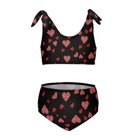 Red Hearts Pattern On Dark Background Girl S 2 Piece Bikini Set Beach Sport Swimsuit Swimwear 10