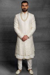 Buy Cream Silk Mens Sherwani NMK 5377 Online