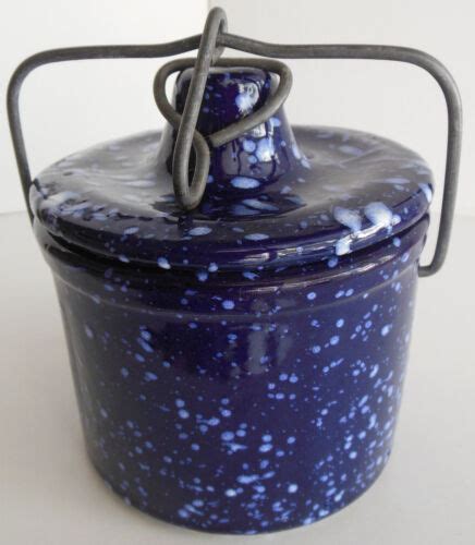 Cobalt Blue Agate Speckled Crock Butter Cheese Vintage Crock Navy Ebay