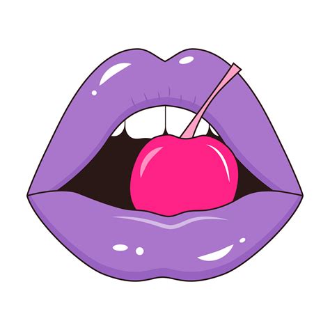 Glossy Half Opened Mouth With Cherry In Pop Art Style Female Lips