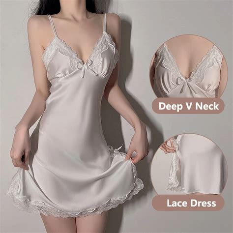 Women Sexy Lingerie Silk Nightgowns Satin Sleepwear Sleeveless Nighties V Neck Nightdress Female