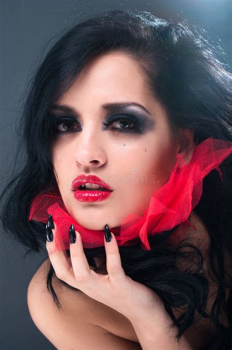 Brunette In Red Corset Fur And Long Hair In S Stock Photo Image Of Torso Pretty