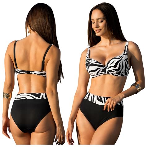 STRÓJ KĄPIELOWY DWUCZĘŚCIOWY PUSHUP DUŻY BIUST BIKINI WYSOKI STAN ZEBRA 85C Cena Opinie
