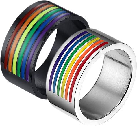 KnBoB Paar Ringe Paar 10MM Partnerringe Gay Edelstahl Silber Schwarz LGBT Ring Mit Regenbogen
