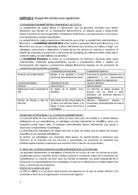 Resumen Contabilidad De Costos Capitulo El Papel Del Contador En