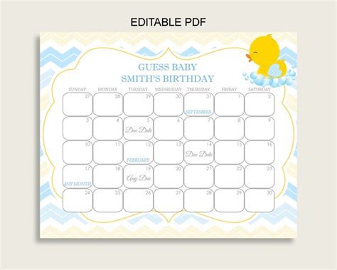 Yellow Blue Guess Baby Due Date Calendar Game Printable Rubber Duck