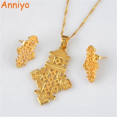 Anniyo Ethiopian Cross Jewelry Sets Necklace And Earrings For Women