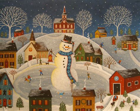 Village Snowman Folk Art Painting By Mary Charles Starlitestudios