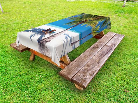 Beach Outdoor Tablecloth Tropical Island With Palm Trees Sunbeds