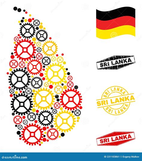 Wheel Collage Sri Lanka Map In German Flag Colors And Grunge Stamps