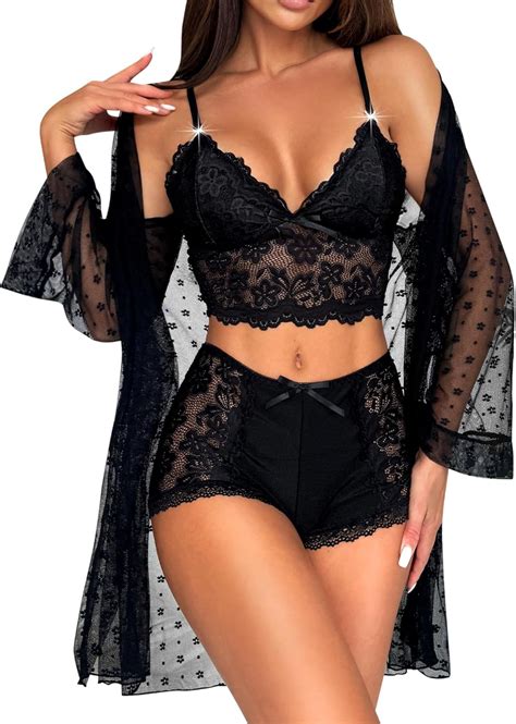 Amazon Rslove Women Sexy Lingerie Set Piece Lace Bra And Panty Sets With Mesh Kimono