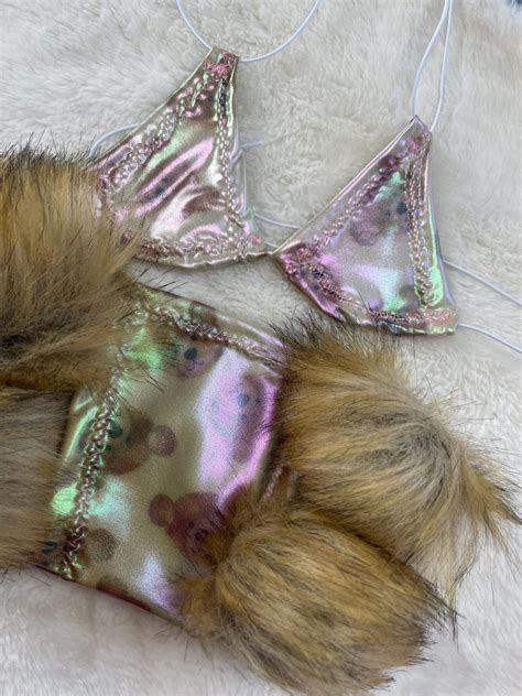 Teddy Bear Pom Micro Bikini Stripper Outfit Bandeau Micro Bikini Halloween Exotic Dance