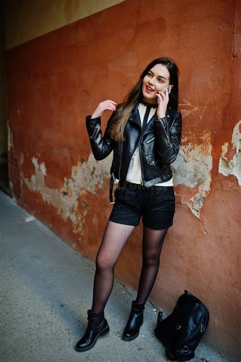 Stylish Brunette Girl Wear On Leather Jacket Stock Photo Image Of Hairstyle Passion 235287722