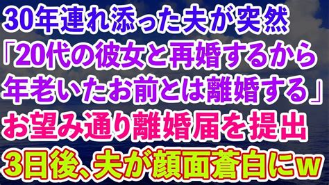 【スカッとする話】30年連れ添った夫が突然「20代の彼女と再婚するから、年老いたお前とは離婚する」お望み通り離婚届を提出→3日後、元夫が顔面蒼白にw【感動する話】 Youtube