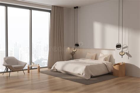 Cozy Bedroom Interior With Bed And Armchair Near Panoramic Window