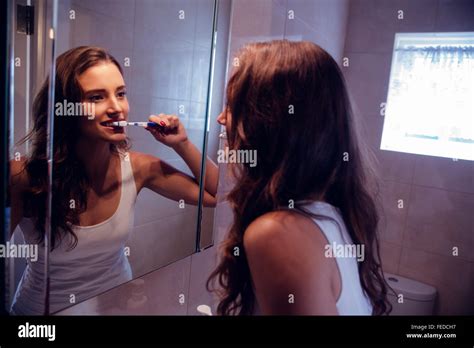 Beautiful Brunette Brush Her Teeth Stock Photo Alamy
