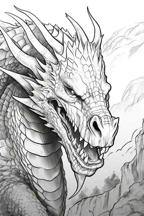 A Dragon Coloring Page With Mountains In The Background And An Image Of