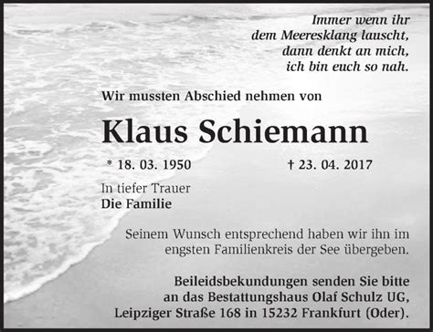 Traueranzeigen Von Klaus Schiemann M Rkische Onlinezeitung Trauerportal