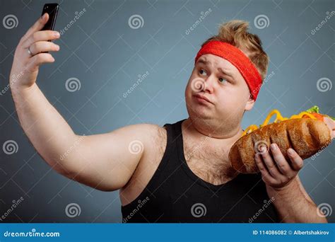 Fat Man With Sandwich In Hand Makes Selfie Stock Photo Image Of