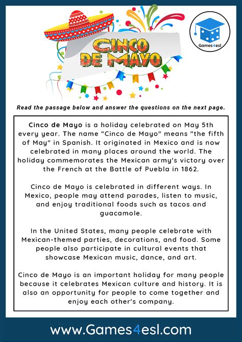 Cinco De Mayo Reading Comprehension Worksheets | Reading Comprehension