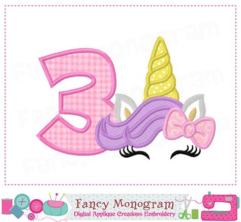 Unicorn Number 3 Design My 3rd Birthday Unicorn Applique Baby Girl