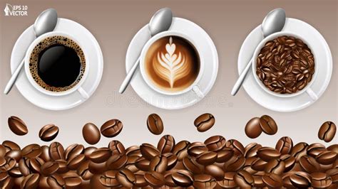 Realistic Vector Coffee Cups Top View Latte Art Set Coffee Beans Of