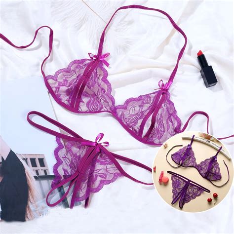 Jual COD Lingerie Wanita Set Bra Open G String Lace Sexy Open Crotch Bikini Transparan A1290