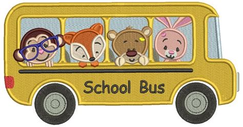 School Buss With Cute Animals Filled Machine Embroidery Design Digitiz
