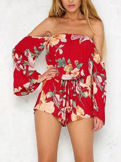 Red Floral Off Shoulder Tie Waist Long Sleeve Romper Playsuit