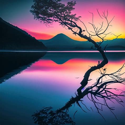 Premium AI Image | Lake Wanaka tree classic shot during a bright and vibrant pink and blue sunrise