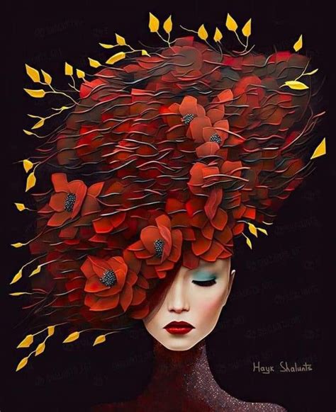 A Painting Of A Woman With Red Flowers In Her Hair