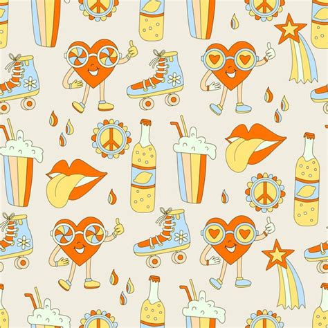 Premium Vector Hippie Seamless Pattern With Cool Elements Lips Hearts