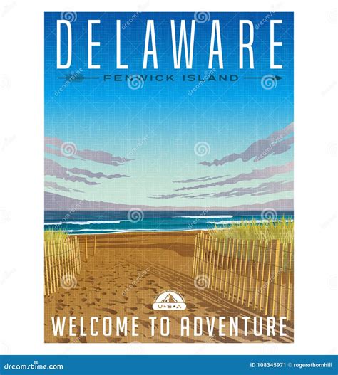 Delaware Travel Poster of Serene Beach and Atlantic Ocean. Stock Vector