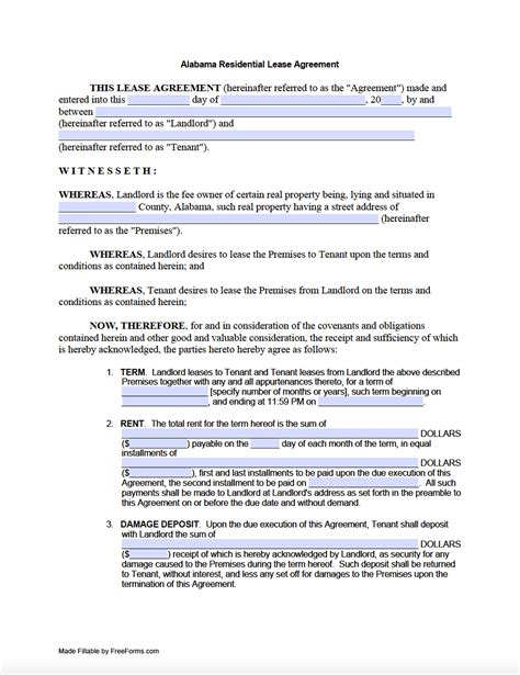 Free Alabama Standard Residential Lease Agreement Template Pdf