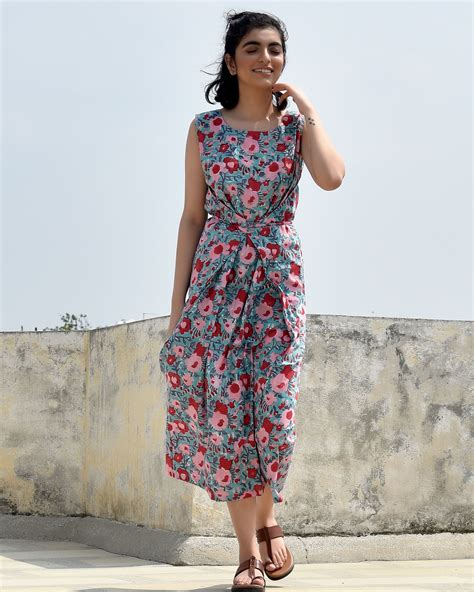 Blue And Red Floral Printed Maxi Dress With Waist Tie Up By Raasleela The Secret Label