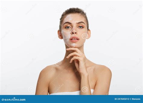 Close Up Beauty Portrait Of Beautiful Half Naked Woman Applying Face