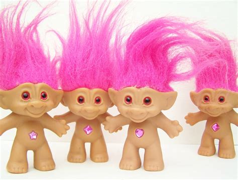 Vintage Toy Troll Dolls 4 Ace Wishniks With Pink Hair Jewel