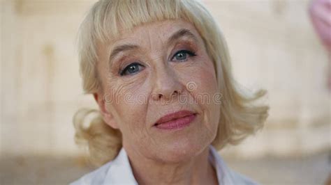 Closeup Mature Woman Face With Wrinkled Skin And Stylish Makeup Outdoors Stock Video Video Of