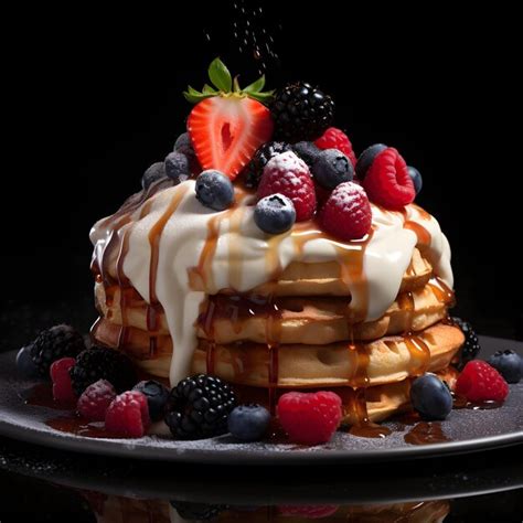 Premium Ai Image Photo Waffles With Fruit And Maple Syrup On Black