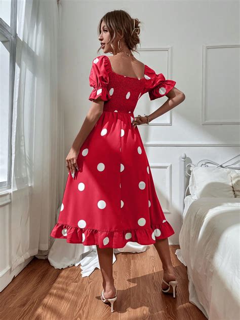 Shein Frenchy Polka Dot Print Square Neck Puff Sleeve Ruffle Hem Dress