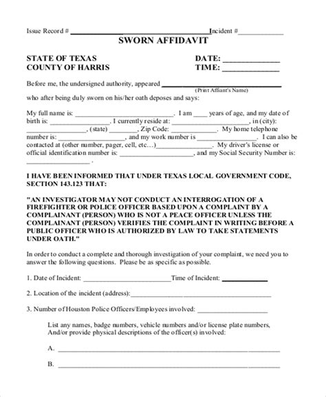 Free Witness Affidavit Form Samples In Pdf Ms Word