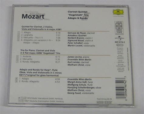 MOZART CLARINET QUINTET K581 TRIO FOR PIANO CLARINET K498 ADAGIO AND