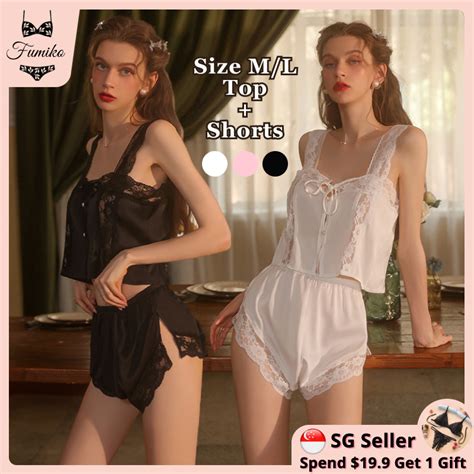Sg Stock Fumiko Satin Pcs Set Lace Pajamas Sexy Sleepwear Women Lingerie Top Shorts Nightwear