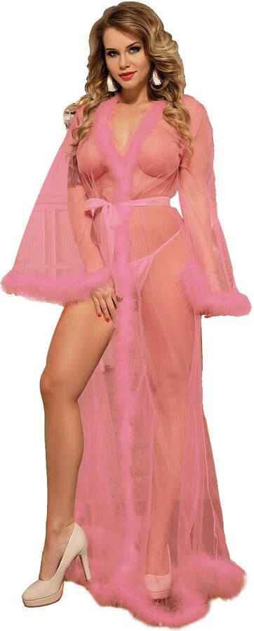 Ohyeahlady Women Plus Size Lingerie Robe Mesh Sheer Lace Nightwear Kimono Dressing Gown With