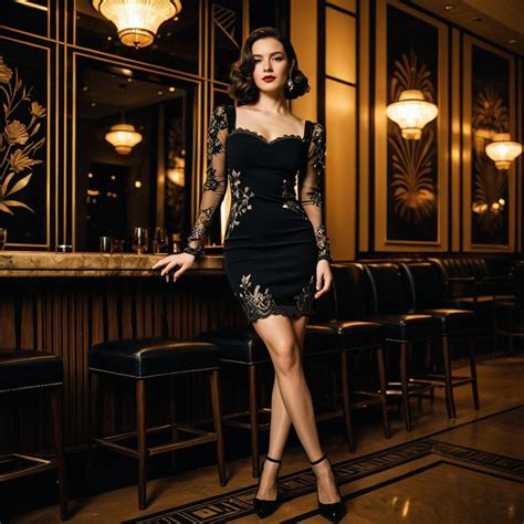 elegant woman  black lace dress  art deco interior swap face