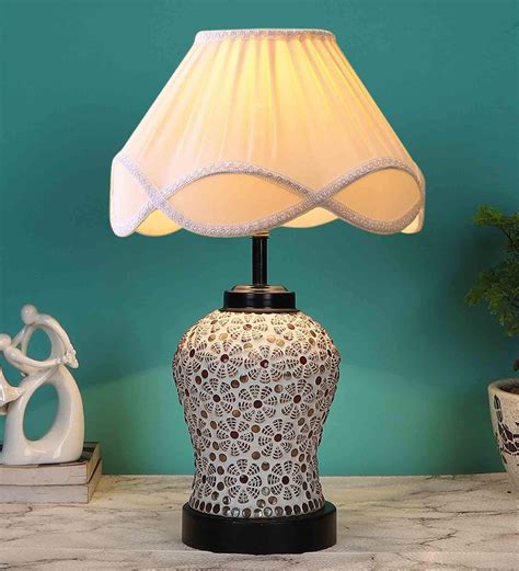 Buy Lyon Off White Cotton Fabric Shade Night Lamp With Glass Base At