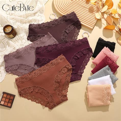 Cutebyte Women Cotton Panties Comfort Briefs Breathable Lingerie Sexy Lace Mid Waist Underwear