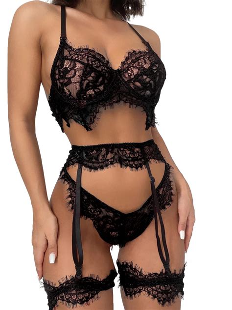 Lilosy Sexy Floral Lace Underwire Push Up Garter Lingerie Set Belt Bra And Panty Piece Medium