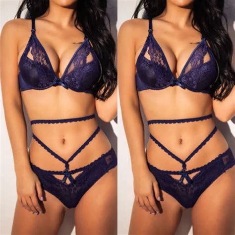 Women Sexy Thong Lingerie Lace Flowers Push Up Top Bra Pants Underwear Sleepwear Set Purple