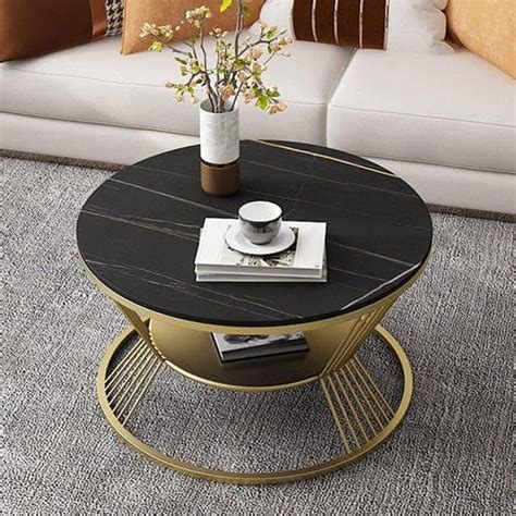 Welltrade Shoppee Modern Marble Round Coffee Table With Gold Metal